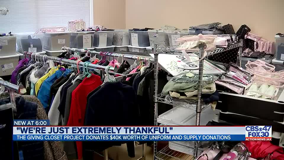 An action news jax tv screen showing uniforms to be given to kids